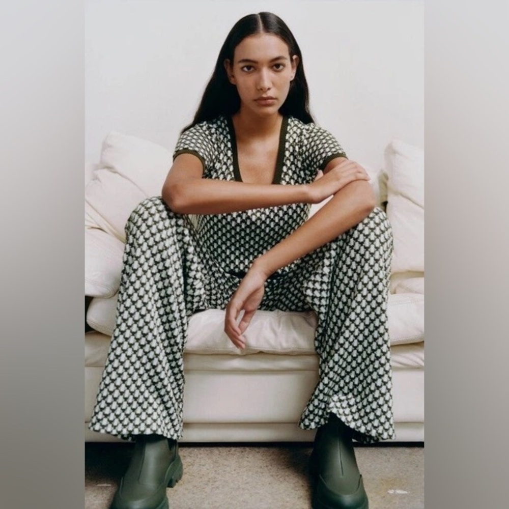 Zara Green Geometric Jacquard Knit 2 Pc Coord Matching Set High Waist Pant S Top